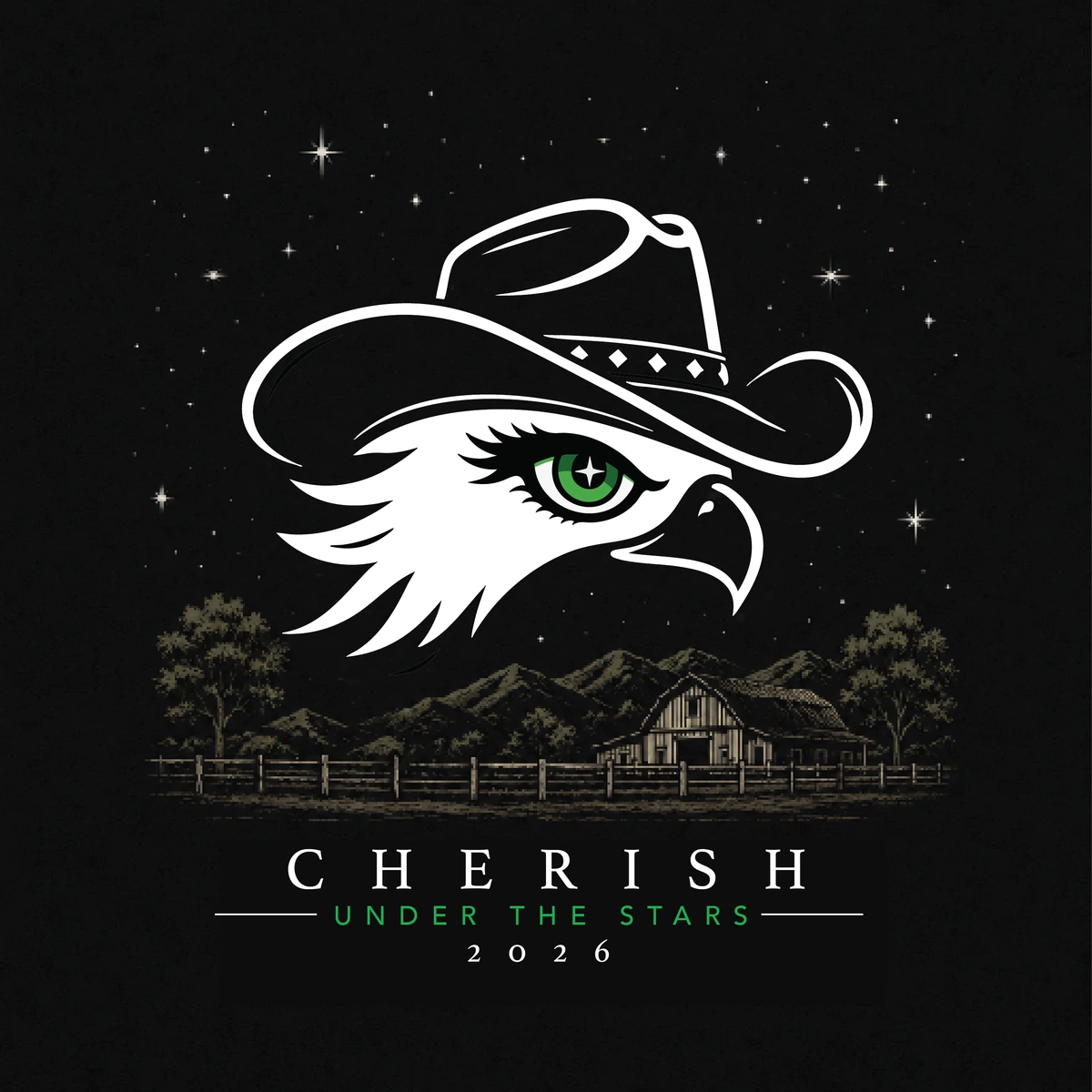 Lady Hawks crest: the hawk in a cowgirl hat over the ranch and night sky