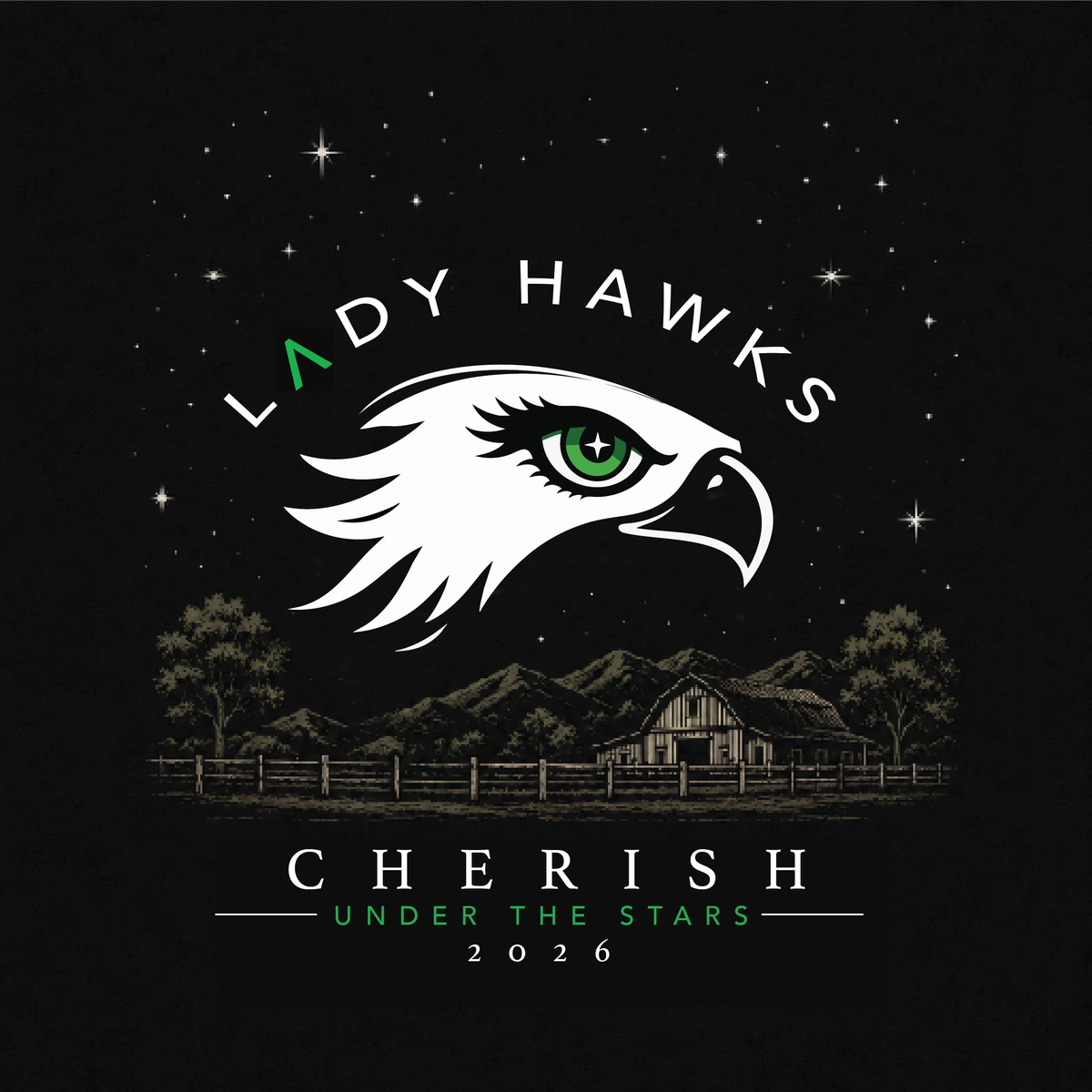 Lady Hawks crest: arched wordmark over the hawk, ranch and night sky