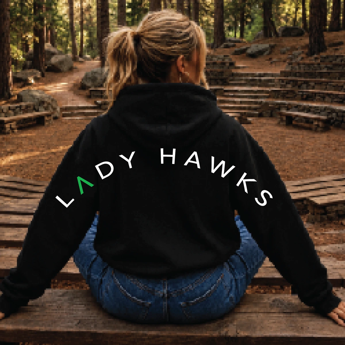 Black Lady Hawks hoodie with the arched wordmark printed across the back
